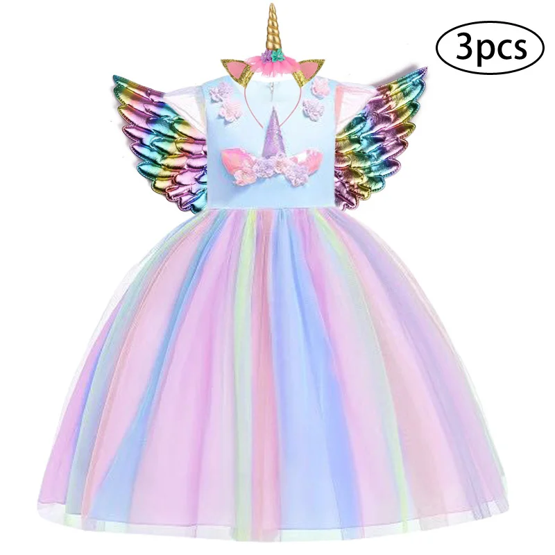 Новое платье для девочек, 3 предмета, Детские платья для девочек, вечерние платья с единорогом, карнавальный костюм на Рождество, детское платье принцессы для 3, 5, 6, 8, 9, 10 лет - Цвет: Sky blue