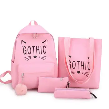 

4pcs Canvas Backpack Cute Lightweight Teen Girls Daypacks School Shoulder Bags Bookbag Pencil Case Set