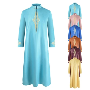Ramadan Muslim Embroidery Dubai Abaya Vintage Men Long Robe Solid Color Turkey Indian Fashion Stand