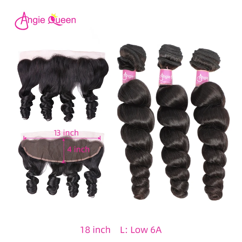 

Angie Queen Loose Wave Brazilian Remy 100% Hair Human Hair Bundles With Frontal 3 Bundles With Frontal Natural Color L