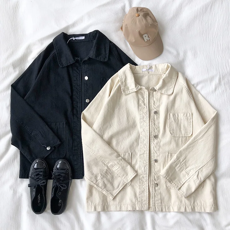 

Beige Vintage Women Denim Jacket Pocket Design Wash Single Row Buckle Fall Easy Dnim Loose Coat