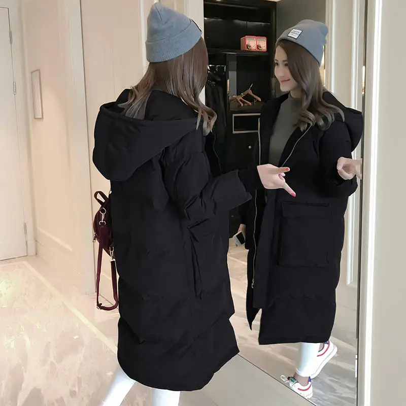 Oversize Down Cotton Coat Female Parka Loose Long Winter Jacket Women Clothing Pockets Student Hooded Jackets Women Padded Q2050