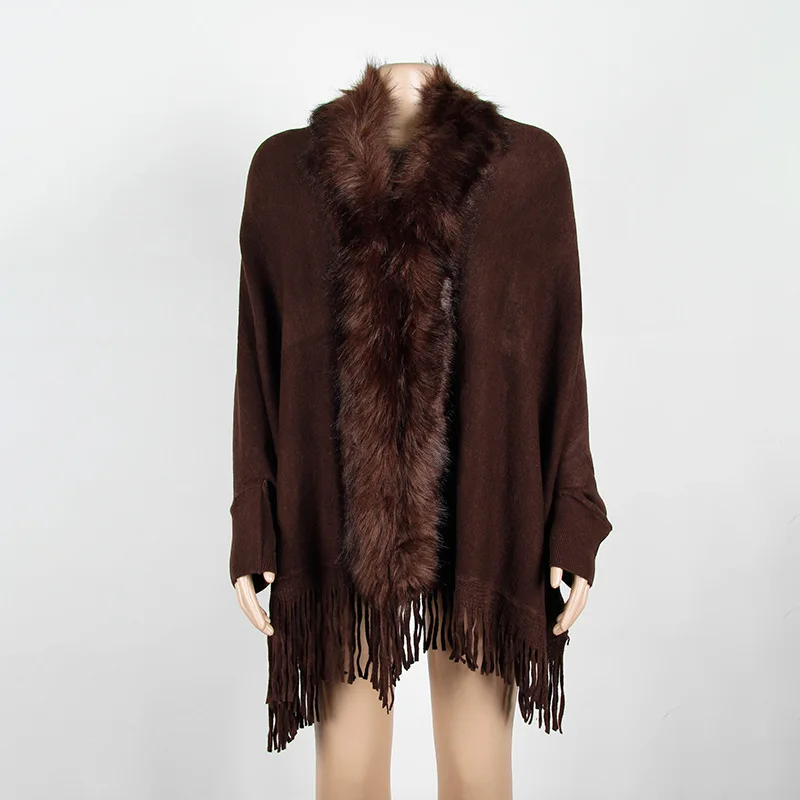 2021 Autumn winter European American fringed Cape shawl wool collar Cape pure color cardigan sweater