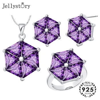 

Jellystory Luxury 925 Sterling Silver Jewelry Set with Amethyst Gemstones Pendant Necklace Earrings Ring for Women Wedding Party