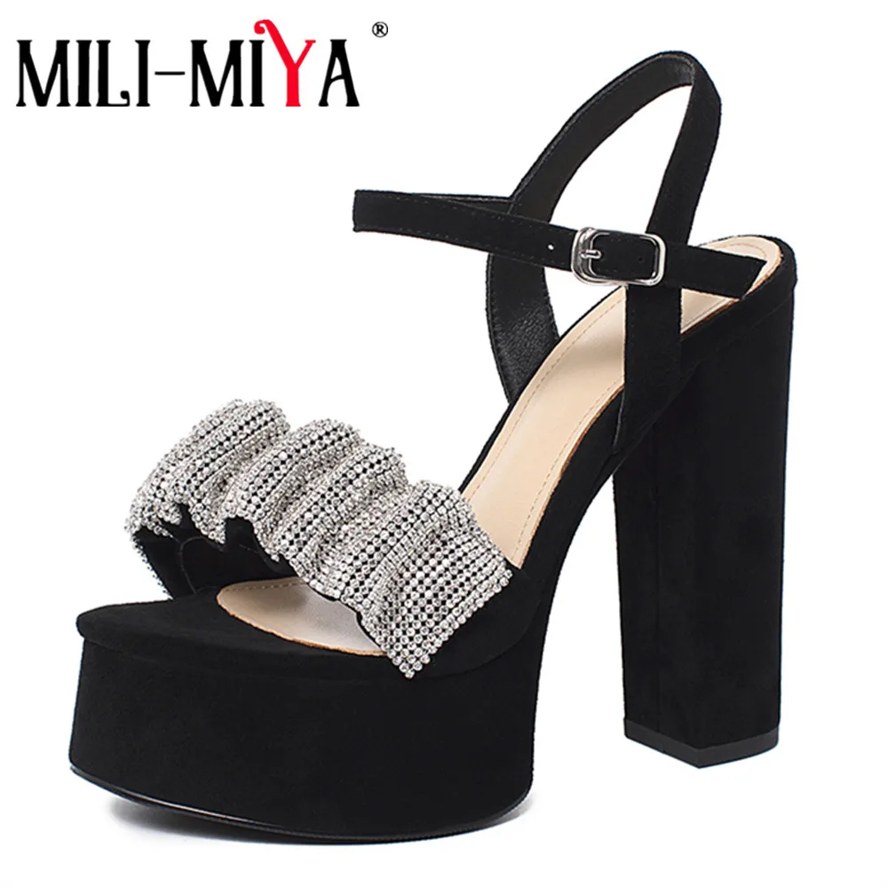 

MILI-MIYA New Design Crystal Rhinestone Platform Thick Heel Women Gladiator Sandals Sexy Peep Toe Buckle Strap Party Wedding