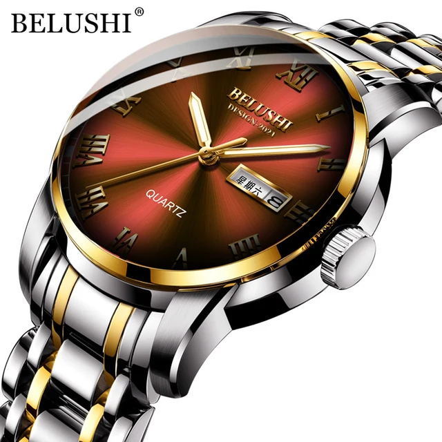 BELUSHI Top Brand Luxury Mens Watches Luminous Waterproof Stainless Steel Watch Quartz Men Date Calendar Business Wristwatch Silver Golden Red