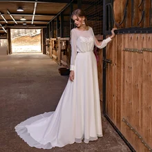 

Elegant Chiffon Wedding Dress Sweep Train Bohemian Lantern Sleeves With Beading Tassel Cheap White Bridal Gowns For Bride