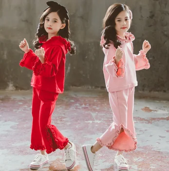 

For 3-14 Years Kids Girls Clothes Set Red Pink Long Sleeve Hooded Sweatshirt ruffle Pants Cotton Autumn Tracksuit Girls Outfits
