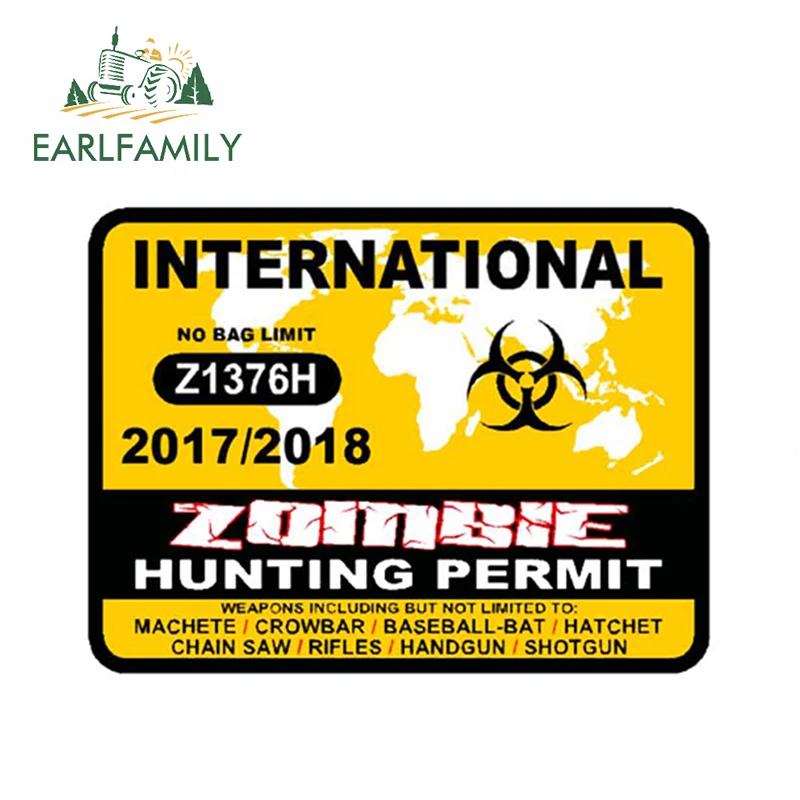 EARLFAMILY 13cm x 9.69cm Car Stickers INTERNATIONAL Zombie Hunting Permit Australia Canada Window Rear Windshield Decal | Автомобили и