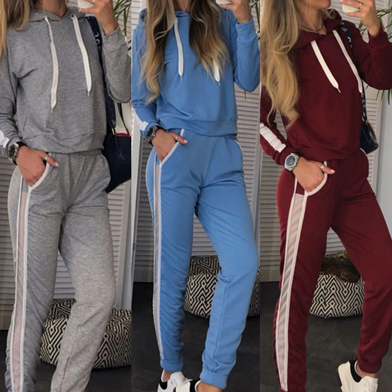 

Vertvie Women 2-piece Running Set 2019 Fashion Side Striped Hooded Tracksuit Workout Casual Loose Sweatshirts Fleece Joggers