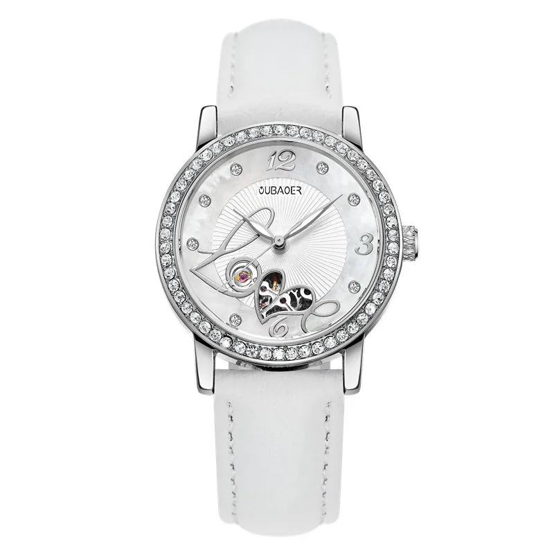 Relogio feminino, OUBAOER, автоматические механические часы для женщин, модные, стразы, полый дизайн, часы с кожаным ремешком, водонепроницаемые часы - Цвет: silver white 005B
