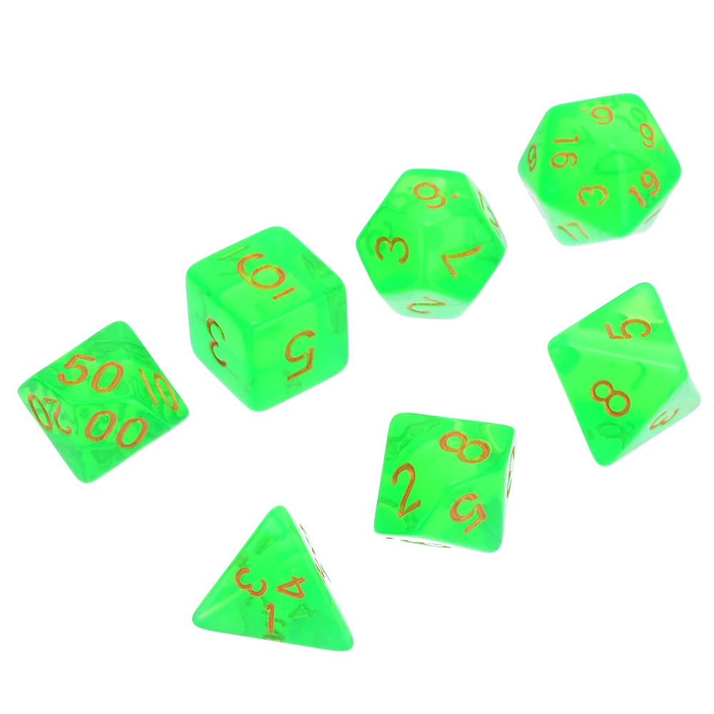 New 7pcs/set Translucent Multi-side Polyhedral Green Dices Set For RPG Dragons  Dungeons with Dice Bag Set
