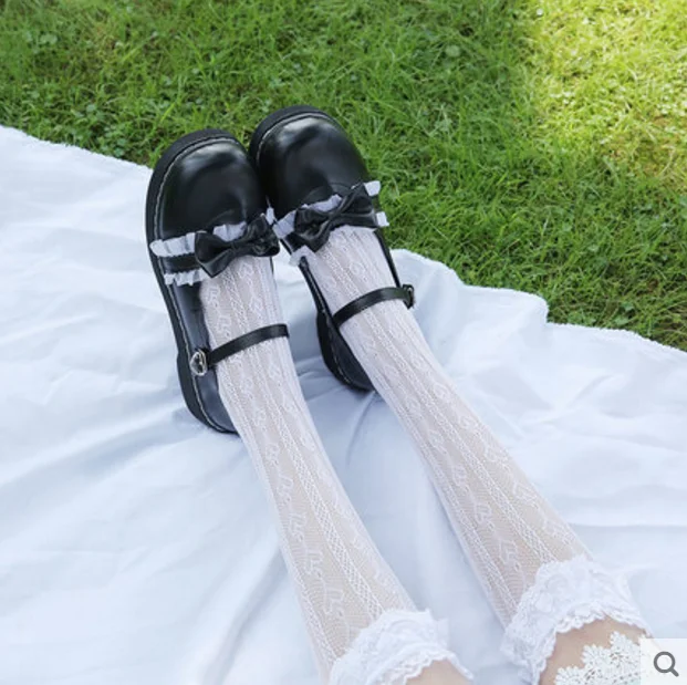 Japanese JK Uniform Shoes Kawaii Lolita Cosplay Princess Cute Bow Lace Low Heel Round Head Black/Pink Flat Platform | Тематическая