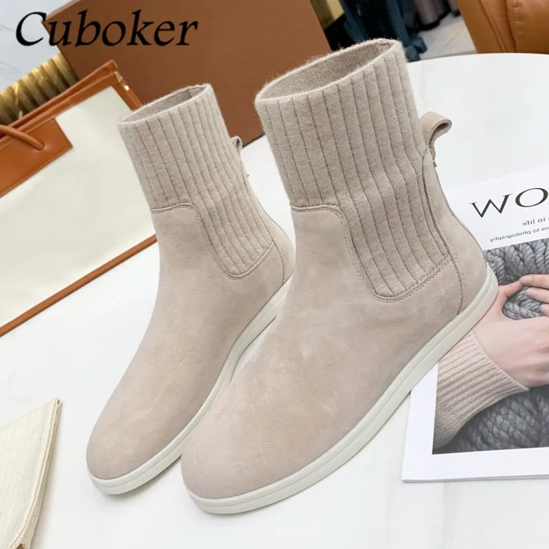 

Brand Designer Kidsude Women Ankle Boots Beige Short Knitting Sock Boots 2021 Autumn Winter Runway Women Flat Chelsea Boots