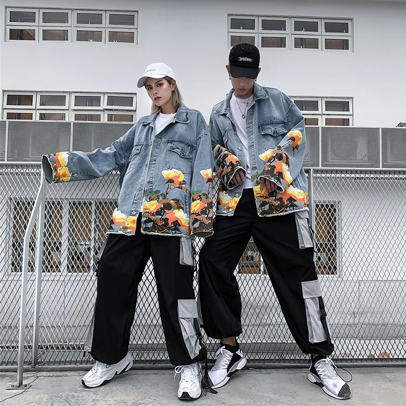 UNCLEDONJM джинсовые куртки с цветочным принтом для мужчин s High Street Distressed джинсовая куртка пальто мужские и женские хип хоп Уличная#1992