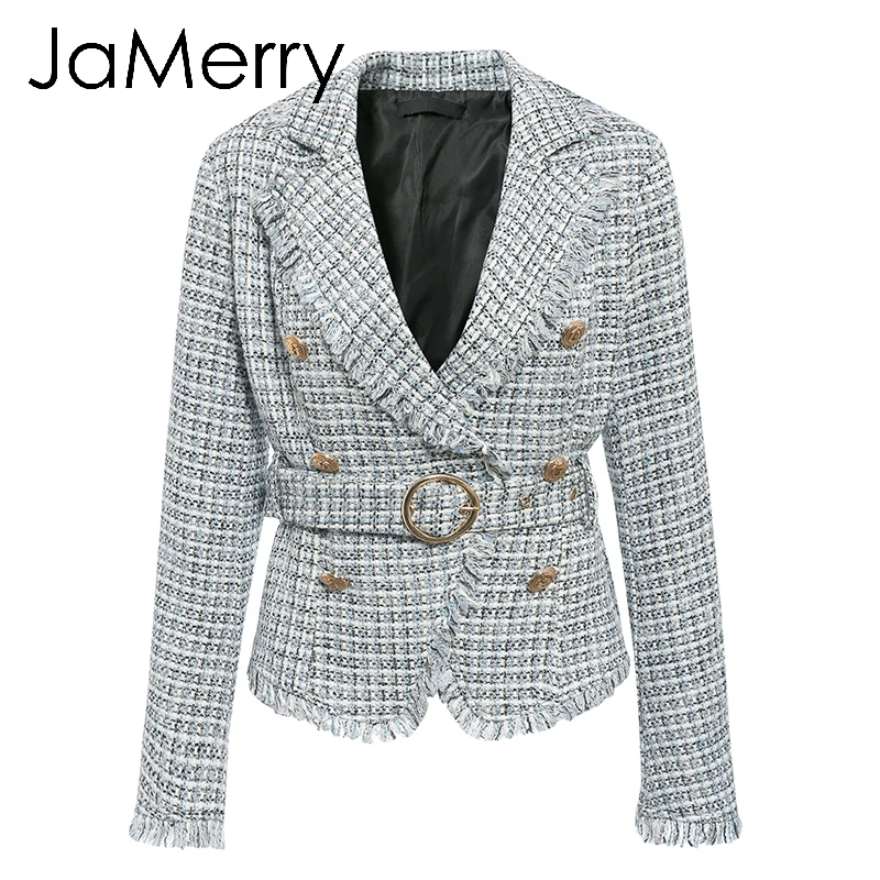 Grey blue JaMerry винтажная клетчатая рабочая одежда офисная Дамская Куртка Блейзер женские двубортные с пуговицами на ремне пальто длинный рукав износоустойчивый фланелевый Блейзер Пальто - Цвет: Grey blue