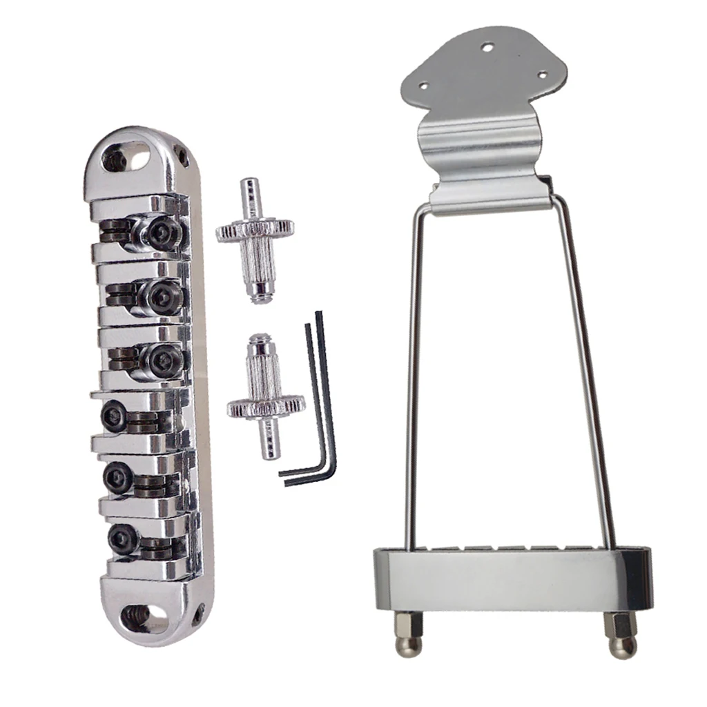 1 Set Electric Guitar Roller Saddle Bridge Hollowed String Tailpiece with Small Adjustable Lock Posts & Wrenches, Silver