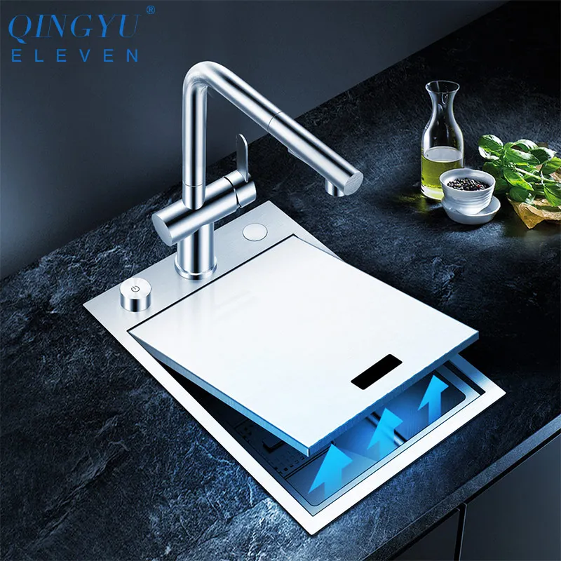 Handmade Brushed kitchen Sink 304 Stainless Steel 4mm Thickness Above Mount Installation Cover hidden Single Kitchen Bar | Обустройство