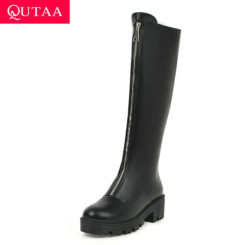 QUTAA/ г. Модные осенне-зимние сапоги до колена на платформе универсальная женская обувь из искусственной кожи на высоком квадратном каблуке на молнии размеры 34-43