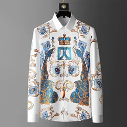 2021 primavera e no outono de luxo impresso camisas dos homens manga longa negócios casual vestido camisa magro social smoking streetwear chemise