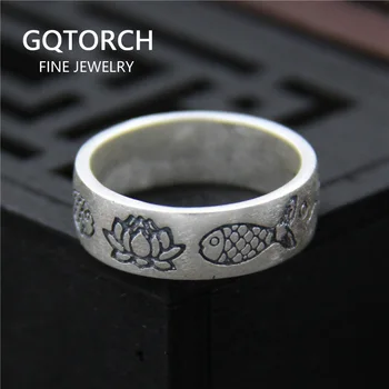 

S990 Sterling Silver Jewelry Fish Rings With Lotus And Water Engraved Simple Vintage Rings For Women