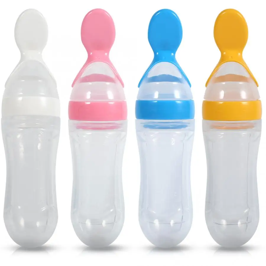 1pc 90ml Silicone Baby Toddler Feeding Bottle With Spoon Fresh