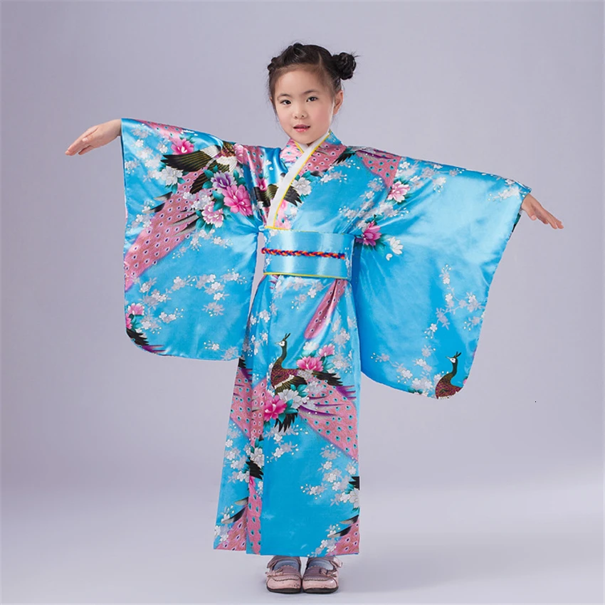 110 до 150 см платье-кимоно в японском стиле для маленьких девочек детский банный халат с вышивкой павлина для девочек Свободная верхняя одежда Yukata - Цвет: Sky blue
