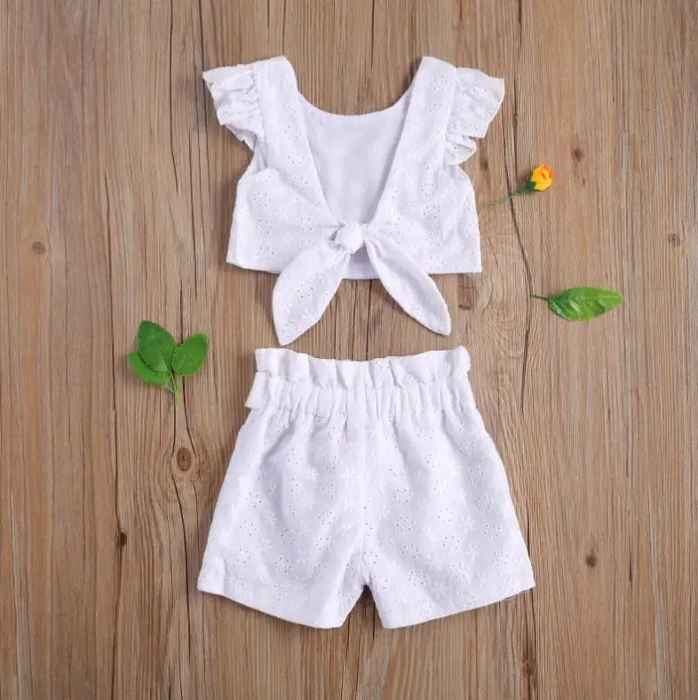 Kids girls clothing set t shirt Children Kids Summer Clothing Set Jacquard Flying Sleeve Backless T-shirt Shorts Two-piece Suit Lace Girls Clothes Set