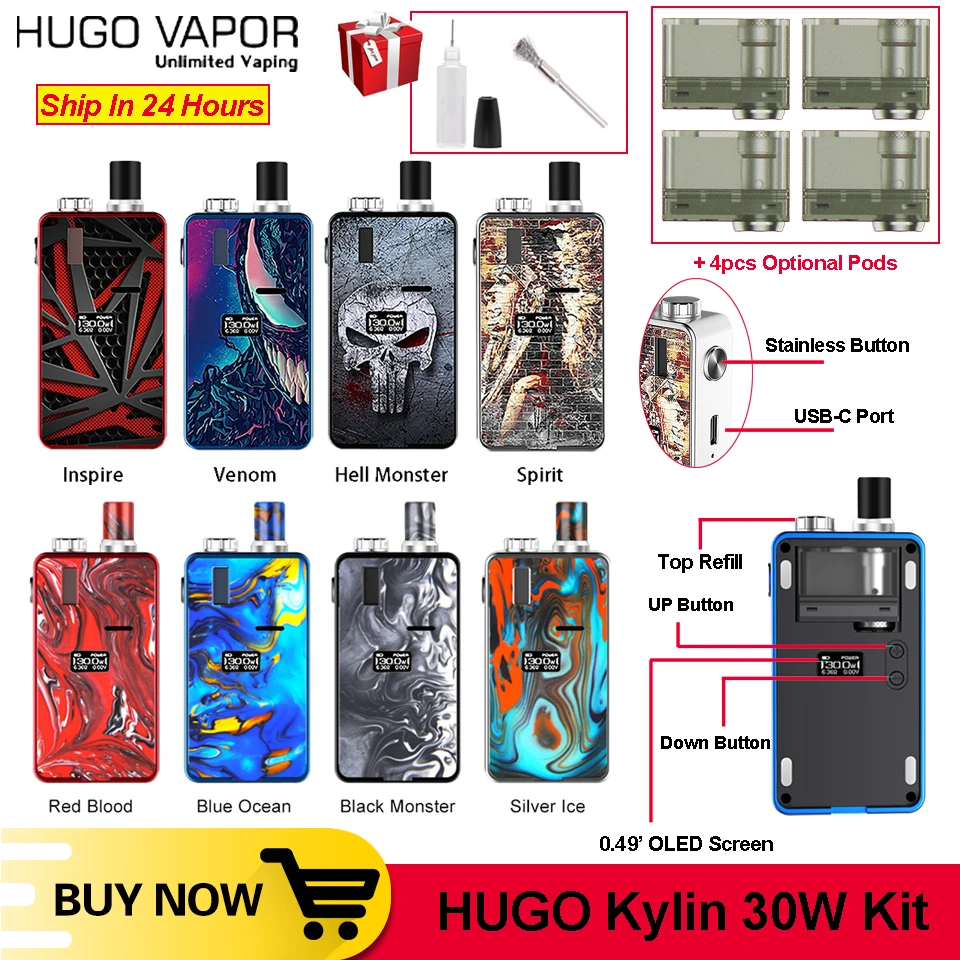 Электронная сигарета HUGO Vapor Kylin 30 Вт Pod system vape Kit 1000 мАч 3 мл с 0 49 дюймовым экраном