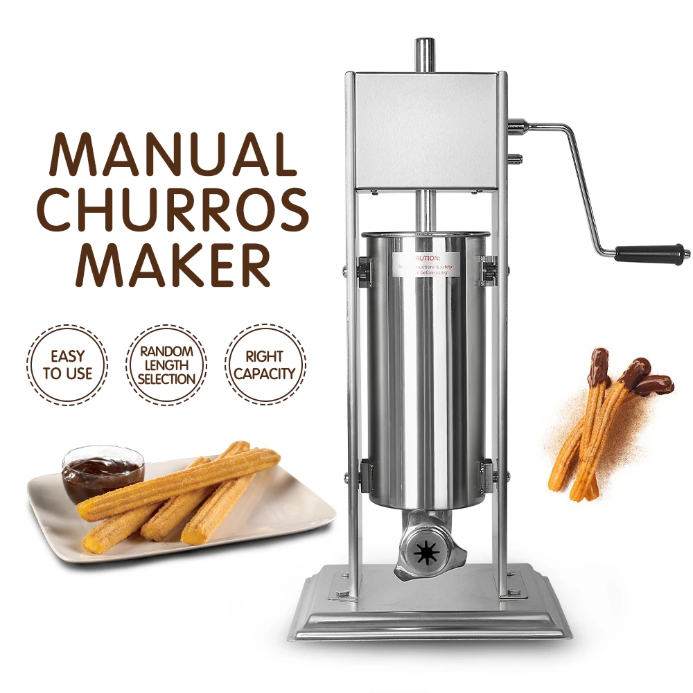 

Manual 5L 7L Spanish Churros Maker Machine Jam Dispenser Stainless Steel Vertical Device for Fritters with 4 Batter Nozzle Molds