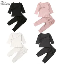 Детская одежда на весну-осень Одежда для новорожденных девочек вязаные топы с оборками, леггинсы, штаны комплект из 2 предметов, твердые наряды
