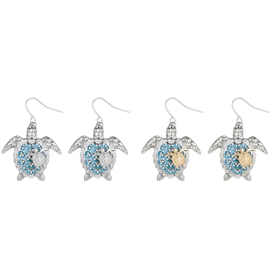 Ladies Turtle Cute Earring Beach Party Sea Turtle Rhinestone Drop Earring Crystal Mom and Baby Silver Long Earring Jewelry