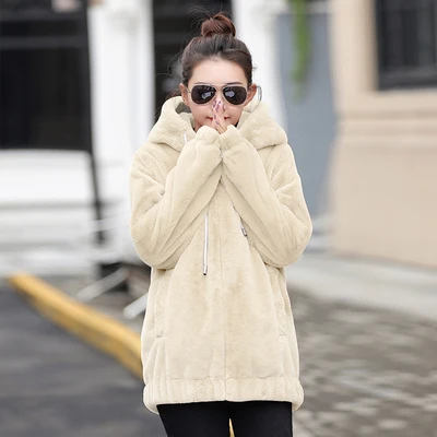 Faux Rex Rabbit Fur Coat Female Winter New Long Sleeve Korean Loose Plush Thick Hoodies Sweatshirt Jacket For Women f2084 - Цвет: apricot