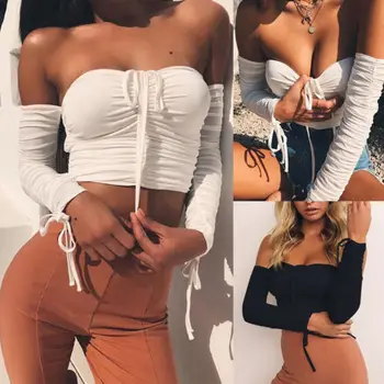 

Summer Fashion Women's Off Shoulder Pleated Sexy Top Long Sleeve T-shirt Clubwear Crop Tops Skinny Ruched Solid Casual Tee