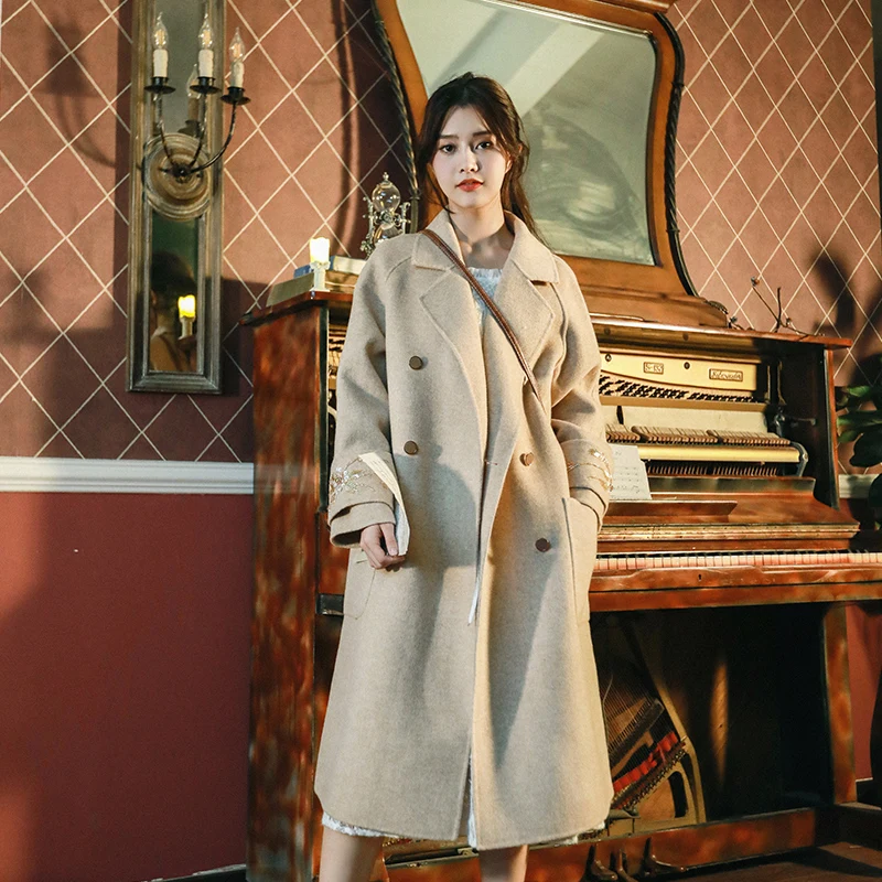 Женское осеннее зимнее Элегантное повседневное свободное двубортное шерстяное длинное пальто Корейская двубортная одежда ручной работы с вышивкой бисером - Цвет: CAMEL