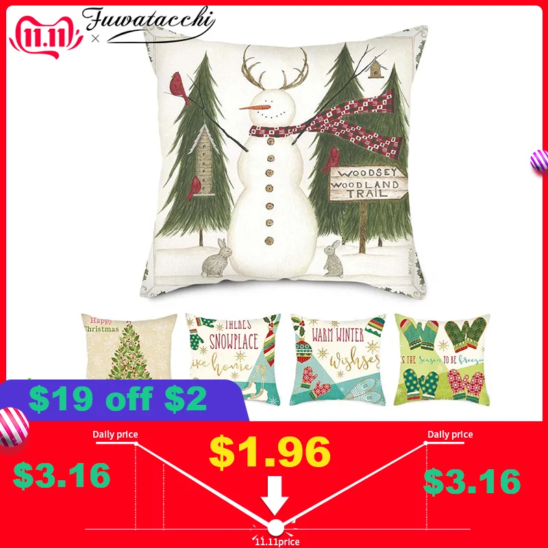 

Fuwatacchi Snowman Cushion Covers Polyester Pillow Covers Xmas Bell Tree Gift for Home Sofa Decorative Throw Pillowcases 45*45cm