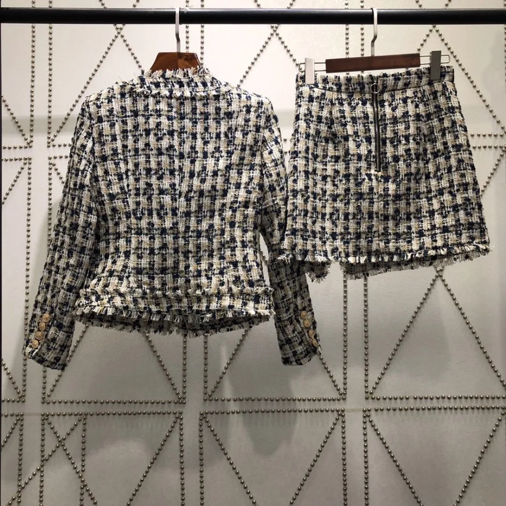 2019FW осенние новые женские твидовые куртки пальто+ юбка женские клетчатые повседневные костюмы 2 шт наборы rmsx 10,12