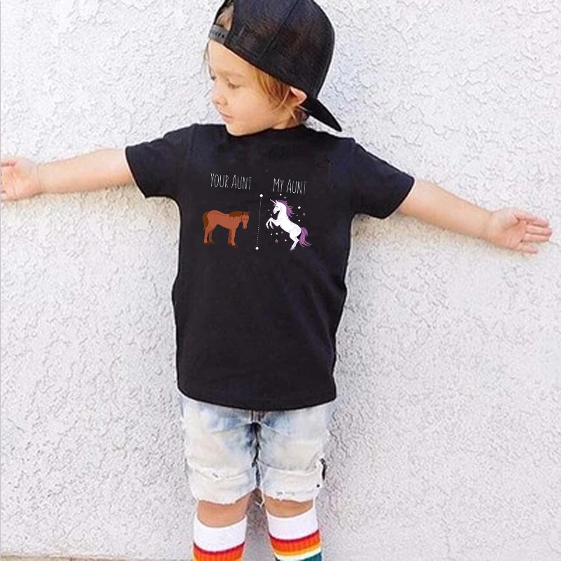 Модная детская одежда для мальчиков и девочек; детские топы с милым мультипликационным принтом «Ваша тетя, моя тетя, Единорог»; детская футболка