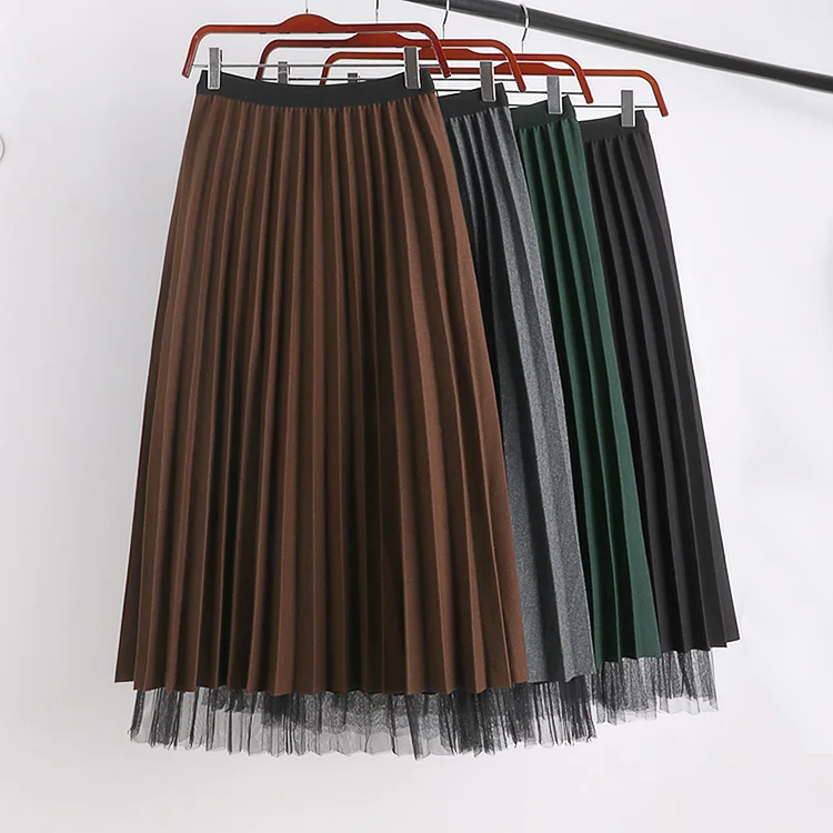 Зеленая, кофейная, серая, черная, эластичная, высокая талия, миди, плиссированная, линия, сетка, шерсть, шерстяная юбка для женщин, зимние юбки для женщин