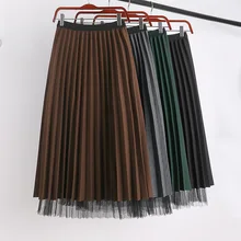 Зеленая, кофейная, серая, черная, эластичная, высокая талия, миди, плиссированная, линия, сетка, шерсть, шерстяная юбка для женщин, зимние юбки для женщин
