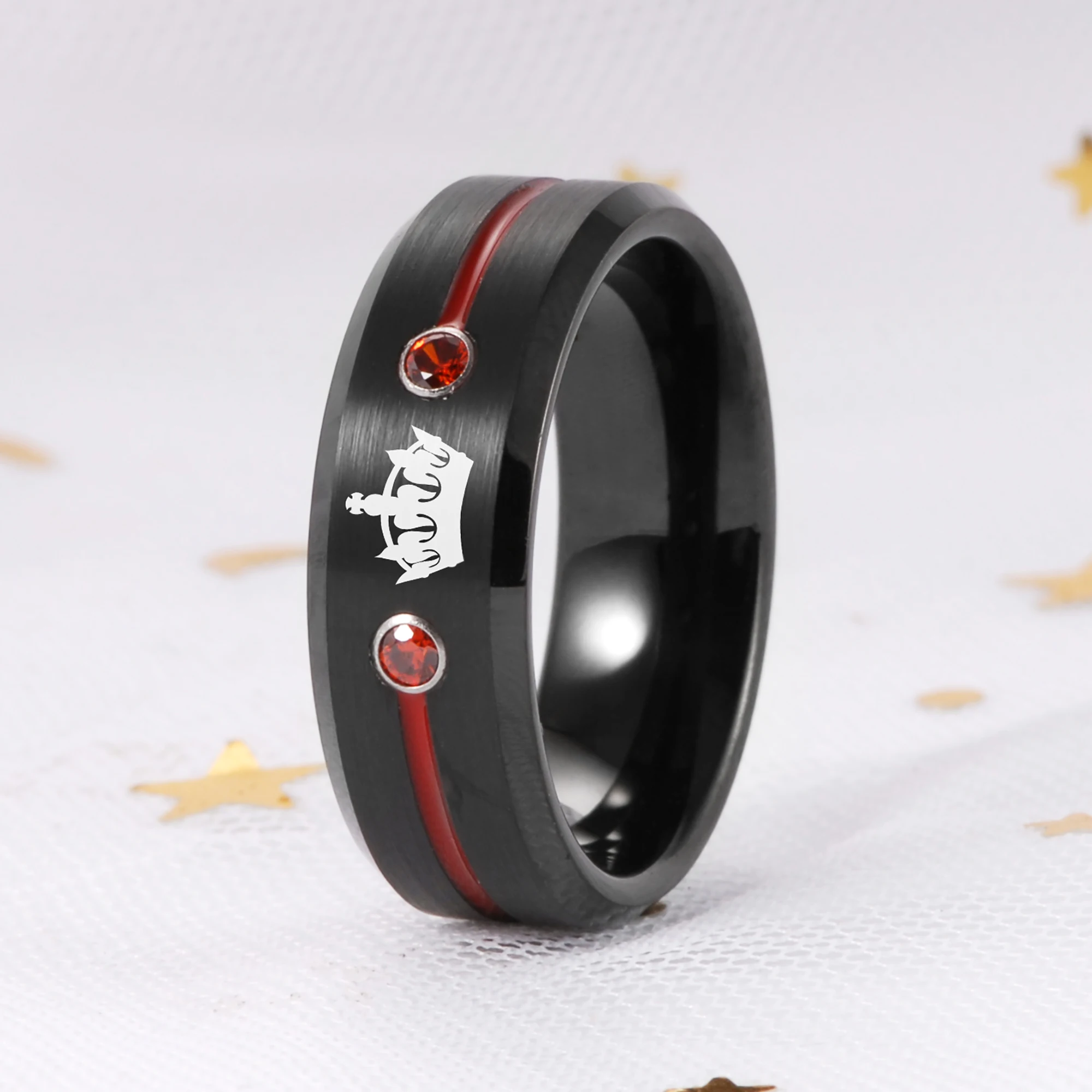 

8mm His Queen Ring Black Tungsten Wedding Band with Red CZ & Red Groove Men’s Brushed Tungsten Ring Anniversary Ring for Men