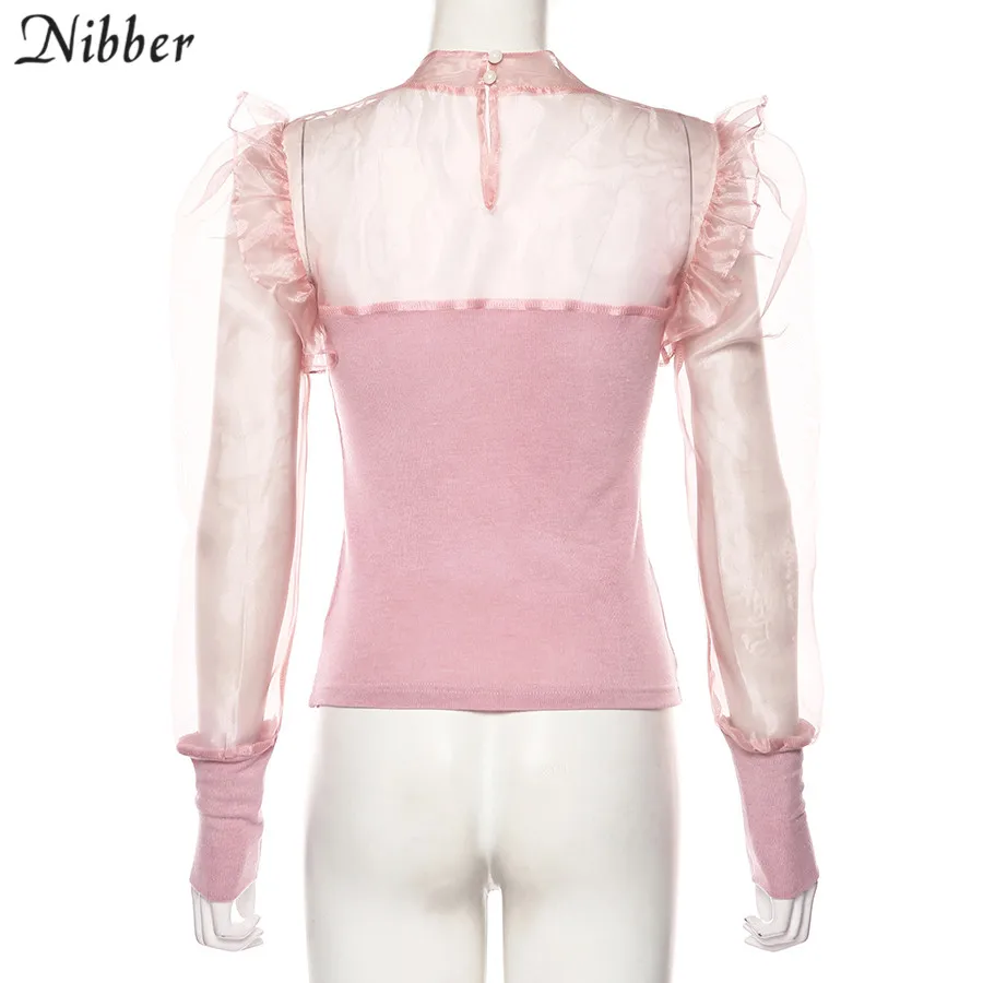 NIBBEBR осенние модные тонкие мягкие розовые сетчатые футболки женские с пышными рукавами элегантные офисные женские топы клубный высокого качества вечерние футболки