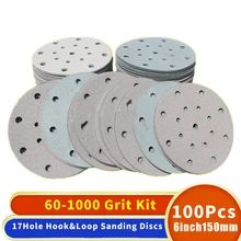 

100PC 6 Inch 17 Hole 60-1000 Grits Sanding Discs Premium Hook and Loop Heavy Duty Sandpaper for Random Orbital Sanders