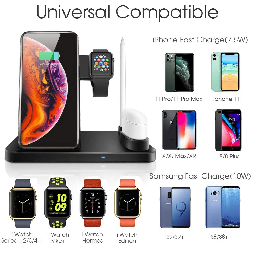 Беспроводное зарядное устройство 4 в 1, быстрая зарядная станция для Iphone 11 Pro Max XR XS MAX 8 Plus X, Apple Watch 4, 3, 2, 5, Iwatch Airpods 2, 10 Вт