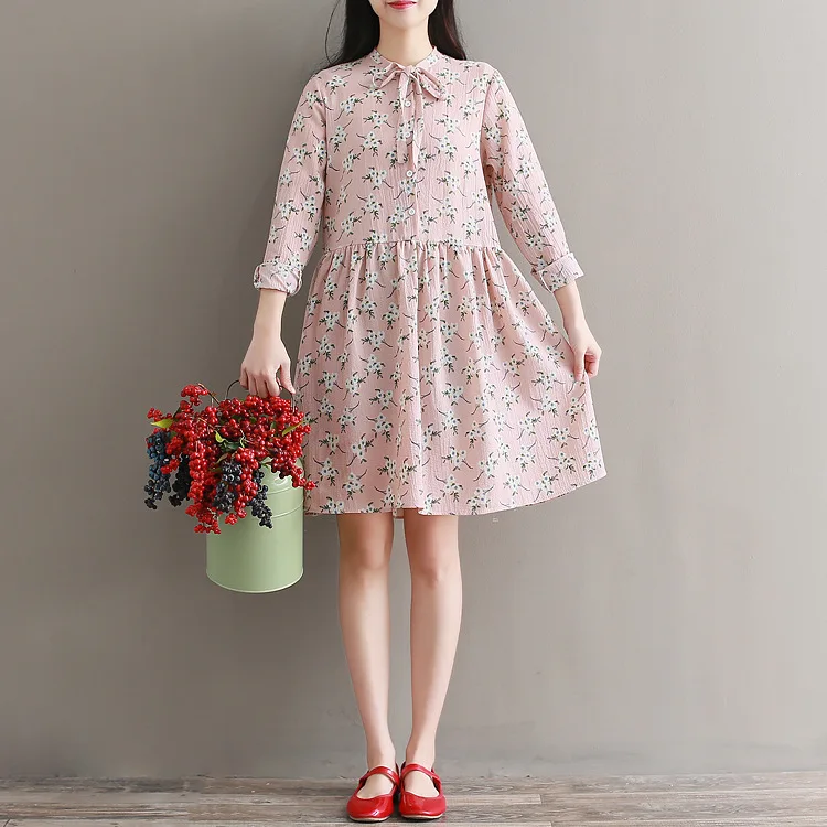 

Japanese-style Mori Girl Line Hipster Floral-Print Chiffon Dress Autumn Clothing College Style Mid-length Printed Shirt Dress Wo