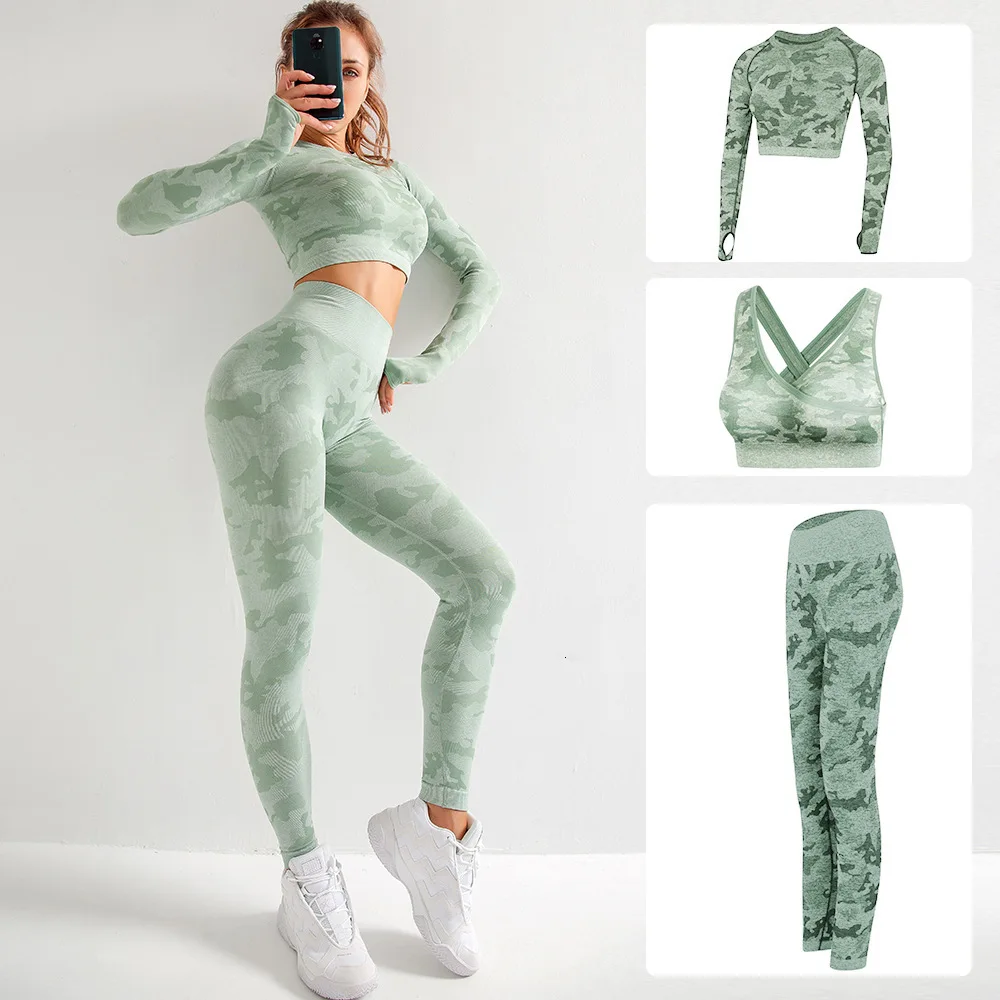 

Women's 3 Pcs Yoga Set Camo Seamless Long Sleeve Tops Sport Bra High Waist Leggings Fitness Clothing Gym Running Suit Female