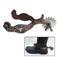 2pcs Horse Riding Bronzed Western Style Spurs Leather Belt Mild Steel Manual Carving German Silver Encrusted Western Cowboy Spur 1
