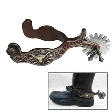 2pcs Horse Riding Bronzed Western Style Spurs Leather Belt Mild Steel Manual Carving German Silver Encrusted Western Cowboy Spur