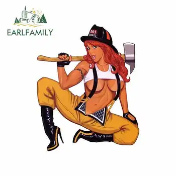 

EARLFAMILY 13cm x 11.4cm Firefighter Pinup Girl Locker Toolbox Stickers Laptop USA Car Truck Bike USA Car Sticker Graphics