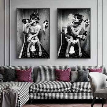 

Sexy Girl Sits in a Toilet Nordic Canvas Art Posters And Prints Black And White Canvas Paintings On the Wall Art Pictures Cuadro